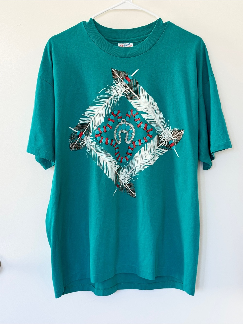 Vintage USA Hanes Southwestern Native American Feather Graphic T-Shirt XL